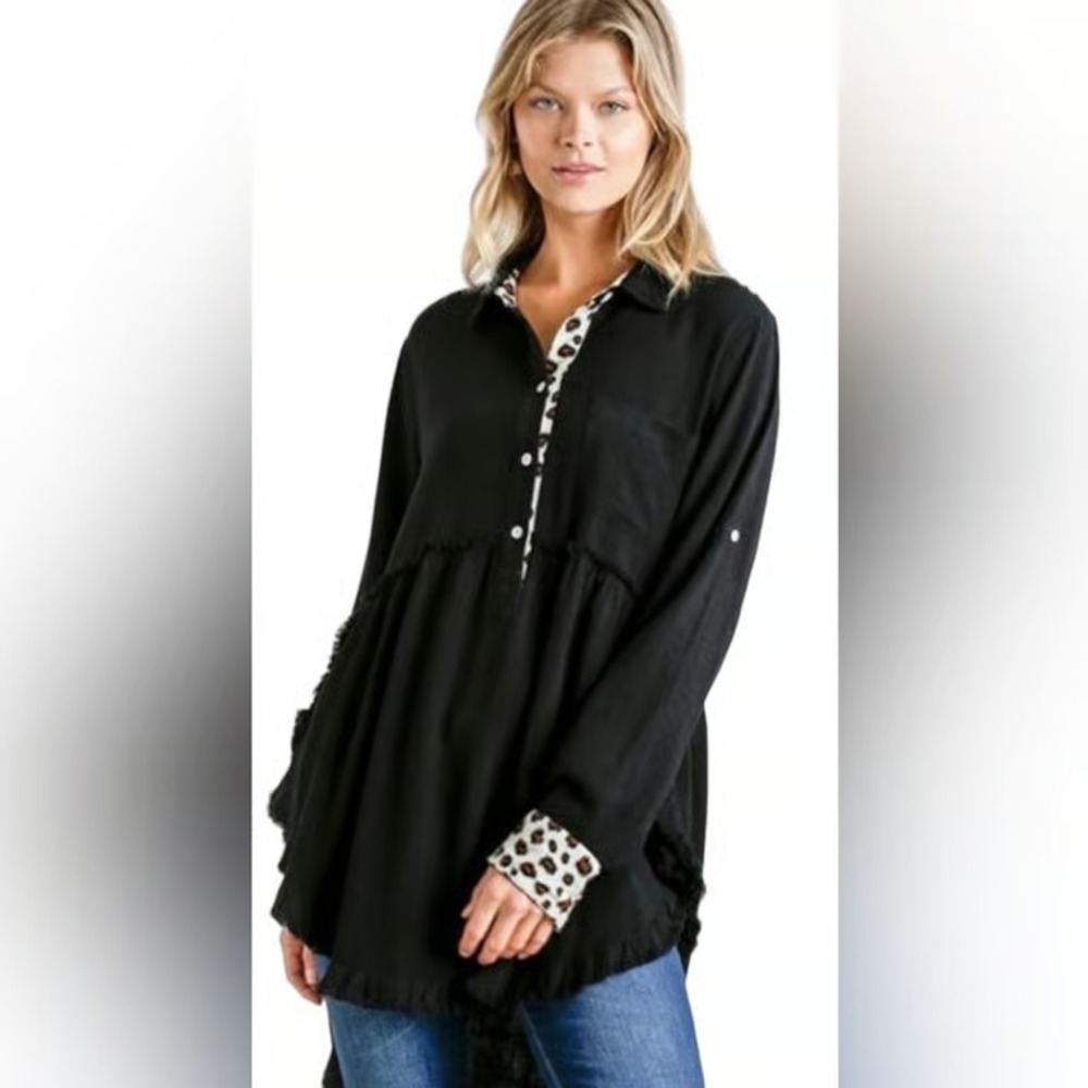 Umgee Linen Shirt Dress Womens S Black Leopard Trim Lagenlook Boho Tunic - Picture 6 of 7